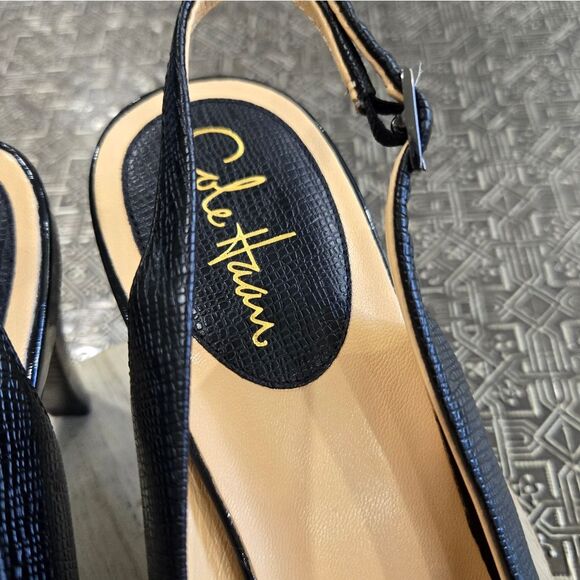 🐢 Cole Haan Black Snake Skin Adjustable Strap  Buckle Open Toed Pump 10B - Picture 5 of 16